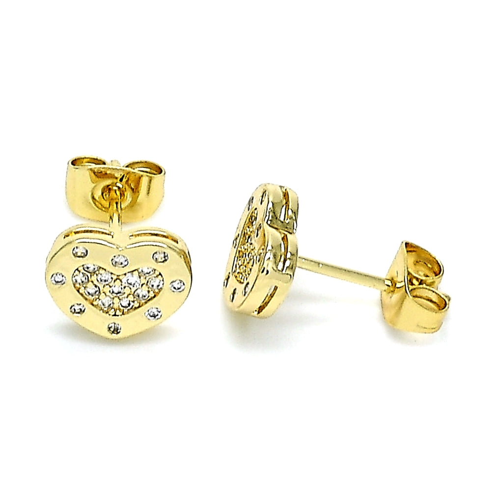 Oro Laminado Stud Earring, Gold Filled Style Heart Design, with White Micro Pave, Polished, Golden Finish