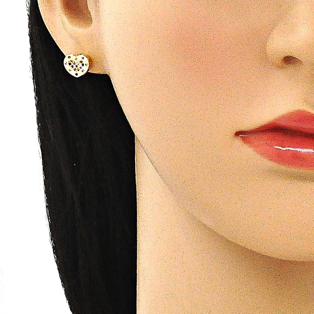 Oro Laminado Stud Earring, Gold Filled Style Heart Design, with Multicolor Micro Pave, Polished, Golden Finish
