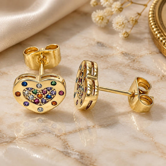 Oro Laminado Stud Earring, Gold Filled Style Heart Design, with Multicolor Micro Pave, Polished, Golden Finish