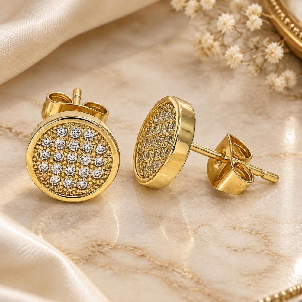 Oro Laminado Stud Earring, Gold Filled Style with White Micro Pave, Polished, Golden Finish