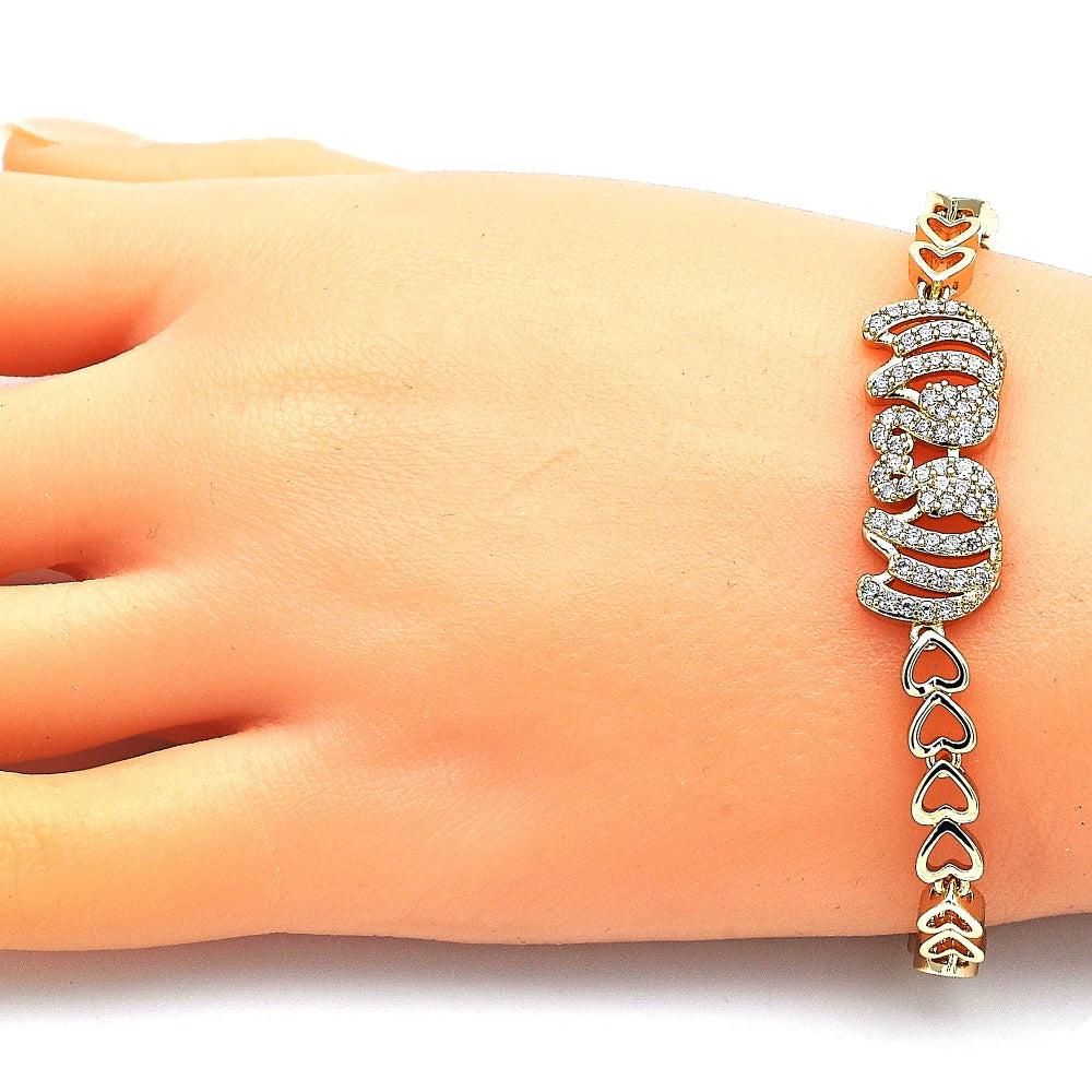 Oro Laminado Fancy Bracelet, Gold Filled Style Elephant and Heart Design, with White Cubic Zirconia, Polished, Golden Finish