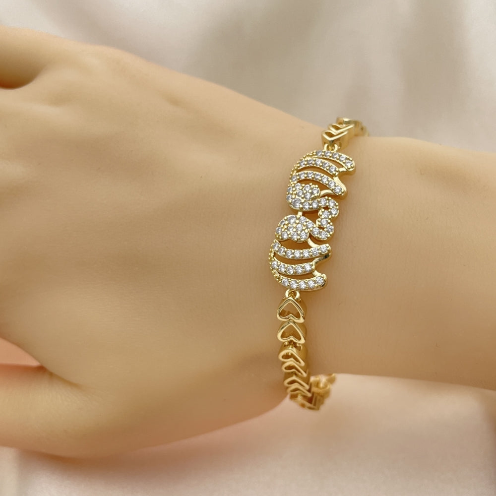 Oro Laminado Fancy Bracelet, Gold Filled Style Elephant and Heart Design, with White Cubic Zirconia, Polished, Golden Finish