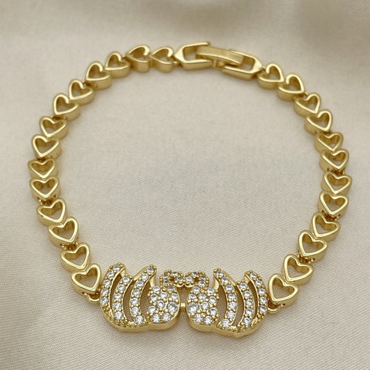Oro Laminado Fancy Bracelet, Gold Filled Style Elephant and Heart Design, with White Cubic Zirconia, Polished, Golden Finish