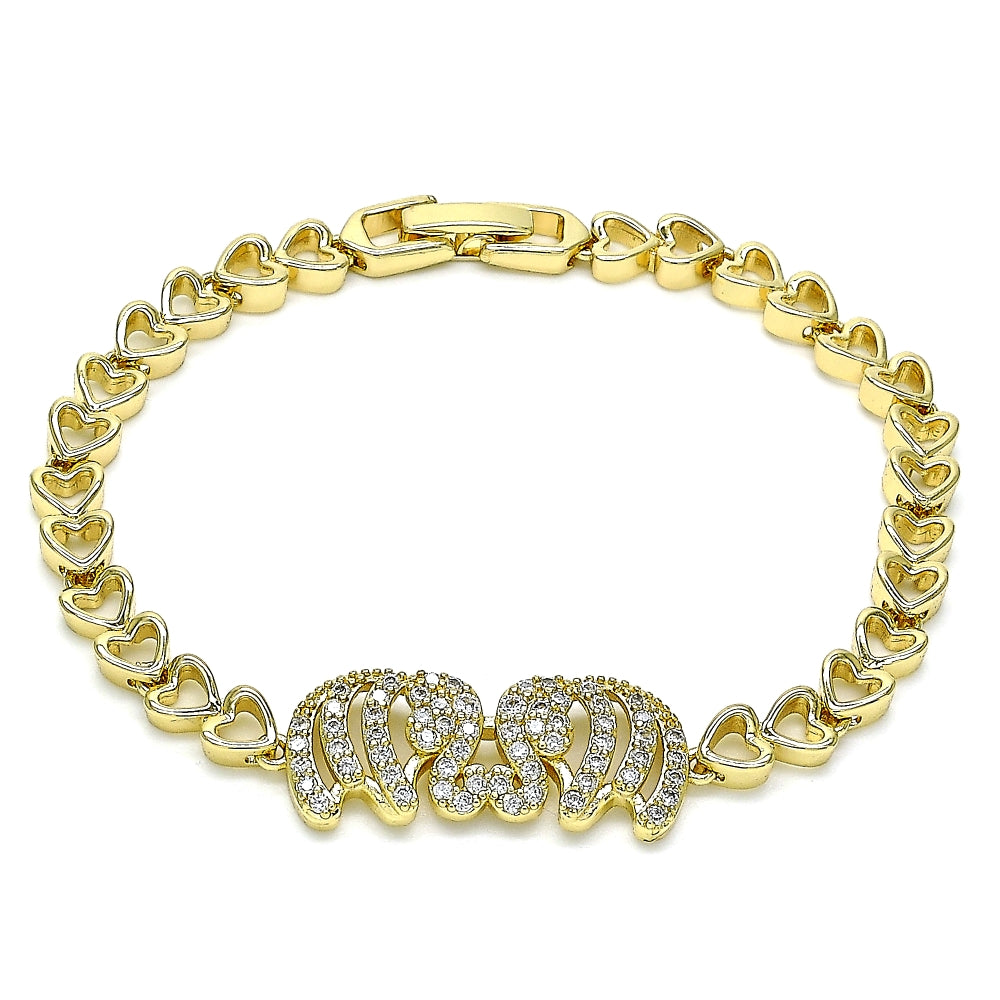 Oro Laminado Fancy Bracelet, Gold Filled Style Elephant and Heart Design, with White Cubic Zirconia, Polished, Golden Finish