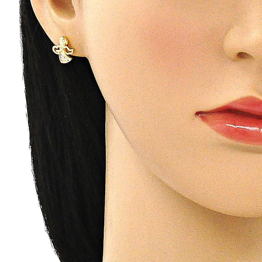 Oro Laminado Stud Earring, Gold Filled Style Angel Design, with White Micro Pave, Polished, Golden Finish