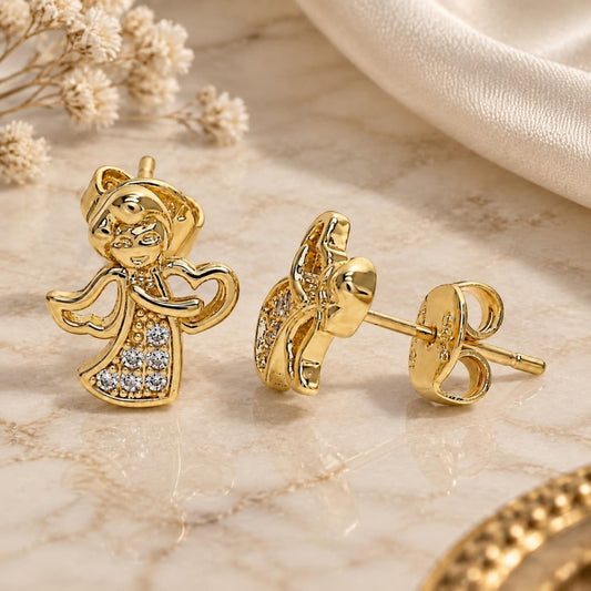 Oro Laminado Stud Earring, Gold Filled Style Angel Design, with White Micro Pave, Polished, Golden Finish