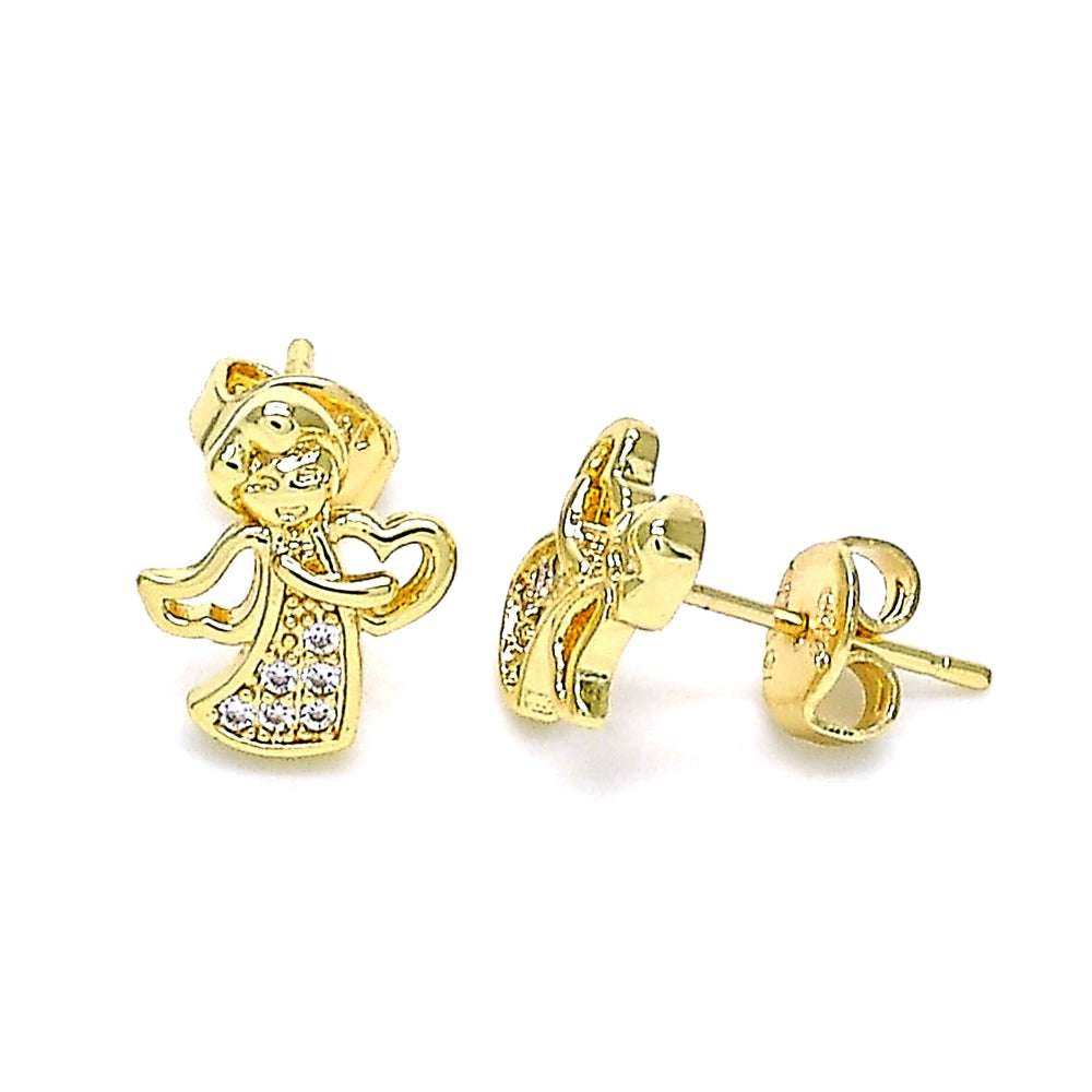 Oro Laminado Stud Earring, Gold Filled Style Angel Design, with White Micro Pave, Polished, Golden Finish