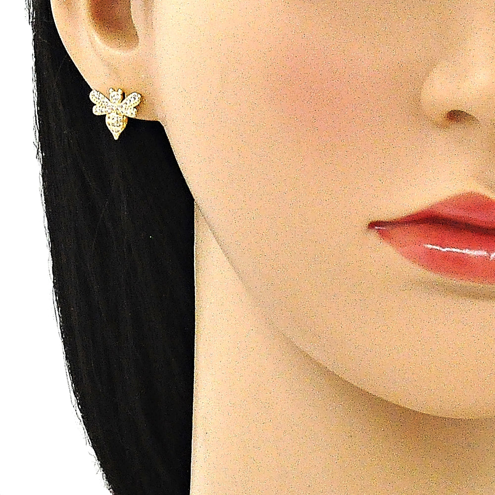 Oro Laminado Stud Earring, Gold Filled Style Bee Design, with White Micro Pave, Polished, Golden Finish
