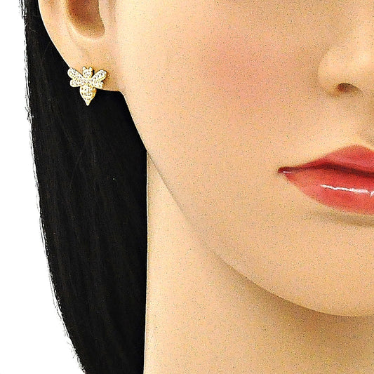 Oro Laminado Stud Earring, Gold Filled Style Bee Design, with White Micro Pave, Polished, Golden Finish
