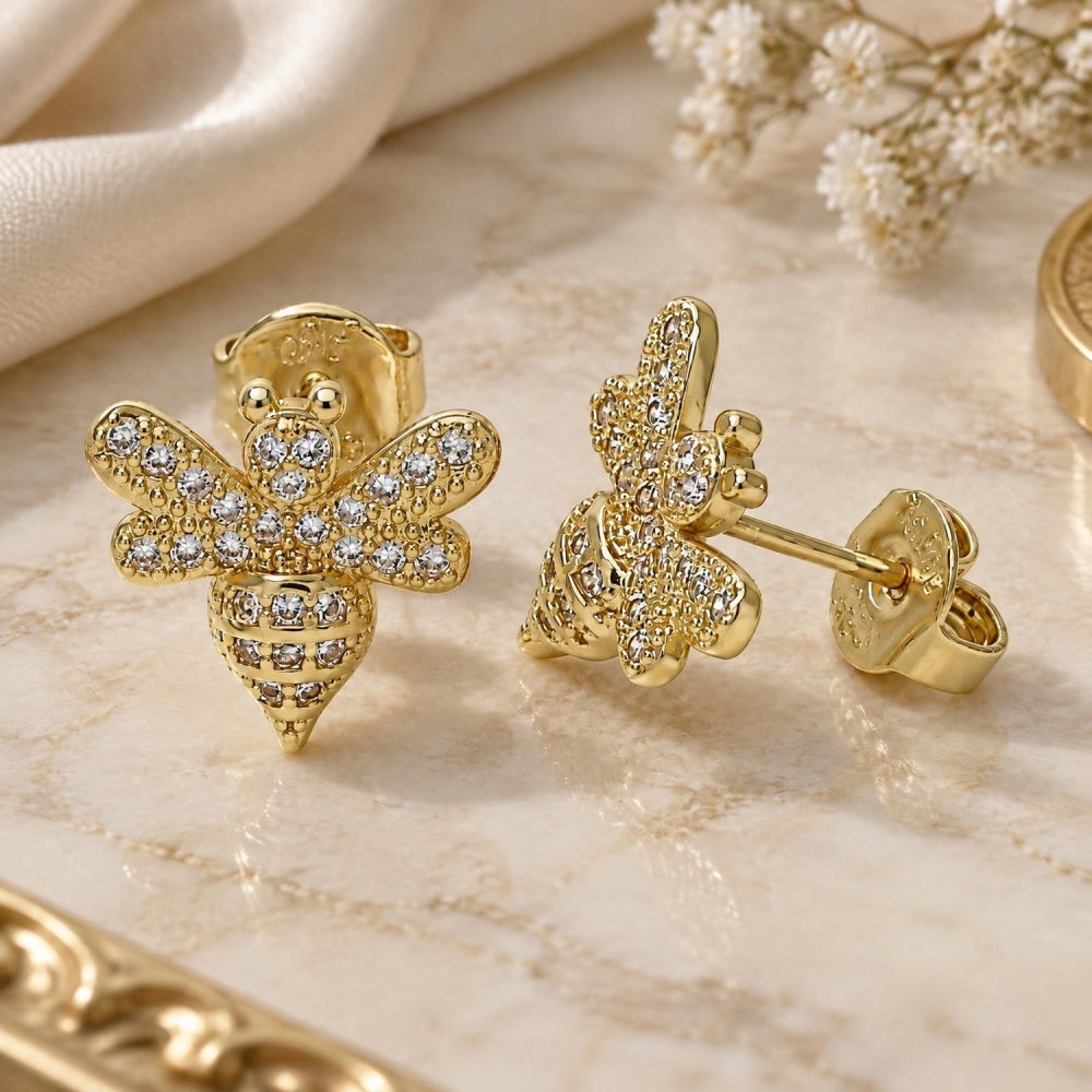 Oro Laminado Stud Earring, Gold Filled Style Bee Design, with White Micro Pave, Polished, Golden Finish