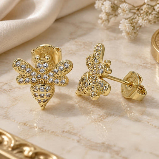 Oro Laminado Stud Earring, Gold Filled Style Bee Design, with White Micro Pave, Polished, Golden Finish