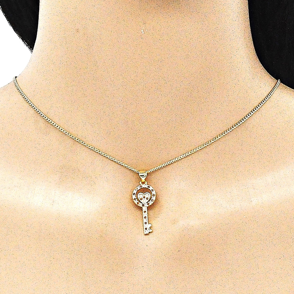 Oro Laminado Pendant Necklace, Gold Filled Style key and Heart Design, with Garnet and White Micro Pave, Polished, Golden Finish