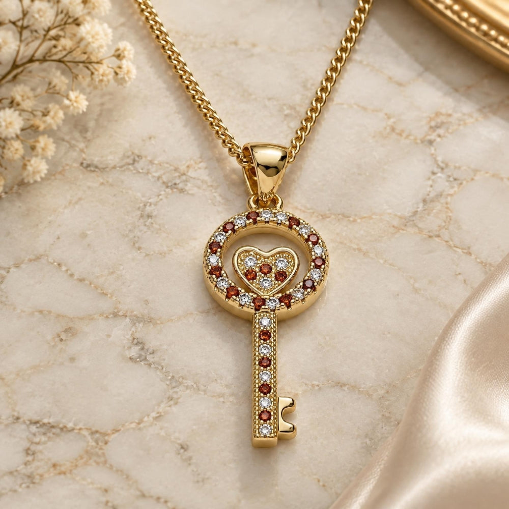 Oro Laminado Pendant Necklace, Gold Filled Style key and Heart Design, with Garnet and White Micro Pave, Polished, Golden Finish
