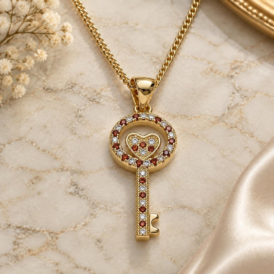 Oro Laminado Pendant Necklace, Gold Filled Style key and Heart Design, with Garnet and White Micro Pave, Polished, Golden Finish