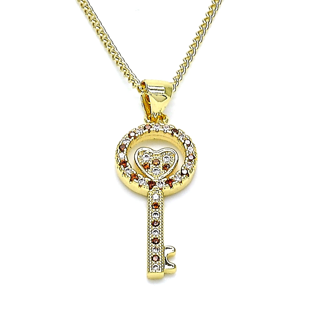 Oro Laminado Pendant Necklace, Gold Filled Style key and Heart Design, with Garnet and White Micro Pave, Polished, Golden Finish