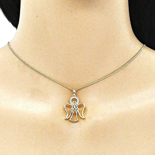 Oro Laminado Pendant Necklace, Gold Filled Style Angel Design, with White Micro Pave, Polished, Golden Finish