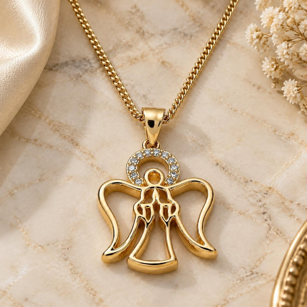 Oro Laminado Pendant Necklace, Gold Filled Style Angel Design, with White Micro Pave, Polished, Golden Finish