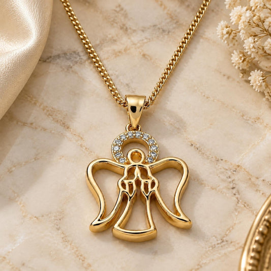 Oro Laminado Pendant Necklace, Gold Filled Style Angel Design, with White Micro Pave, Polished, Golden Finish