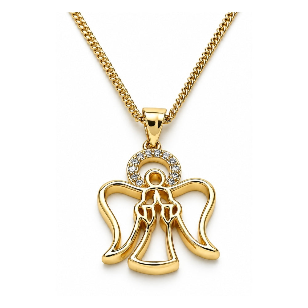 Oro Laminado Pendant Necklace, Gold Filled Style Angel Design, with White Micro Pave, Polished, Golden Finish