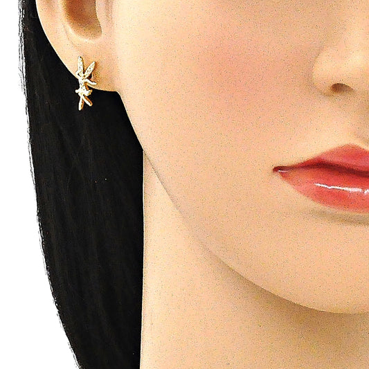 Oro Laminado Earring and Pendant Adult Set, Gold Filled Style Angel Design, with White Micro Pave, Polished, Golden Finish