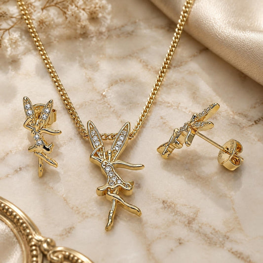 Oro Laminado Earring and Pendant Adult Set, Gold Filled Style Angel Design, with White Micro Pave, Polished, Golden Finish