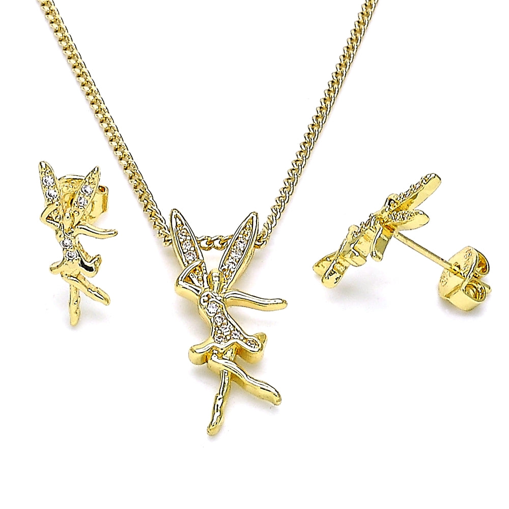 Oro Laminado Earring and Pendant Adult Set, Gold Filled Style Angel Design, with White Micro Pave, Polished, Golden Finish