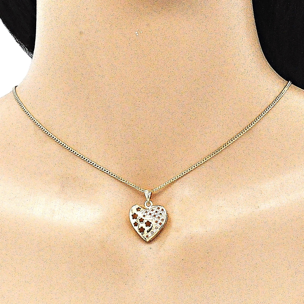 Oro Laminado Earring and Pendant Adult Set, Gold Filled Style Heart and Flower Design, with Garnet and White Micro Pave, Polished, Golden Finish