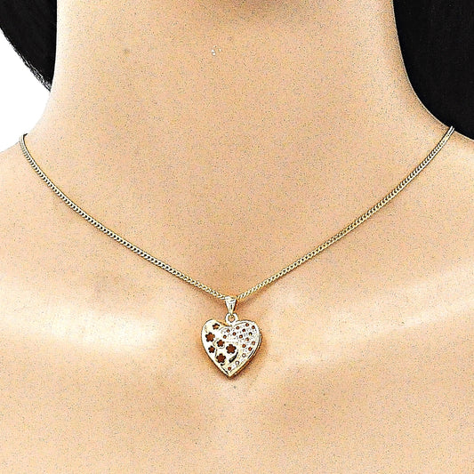 Oro Laminado Earring and Pendant Adult Set, Gold Filled Style Heart and Flower Design, with Garnet and White Micro Pave, Polished, Golden Finish