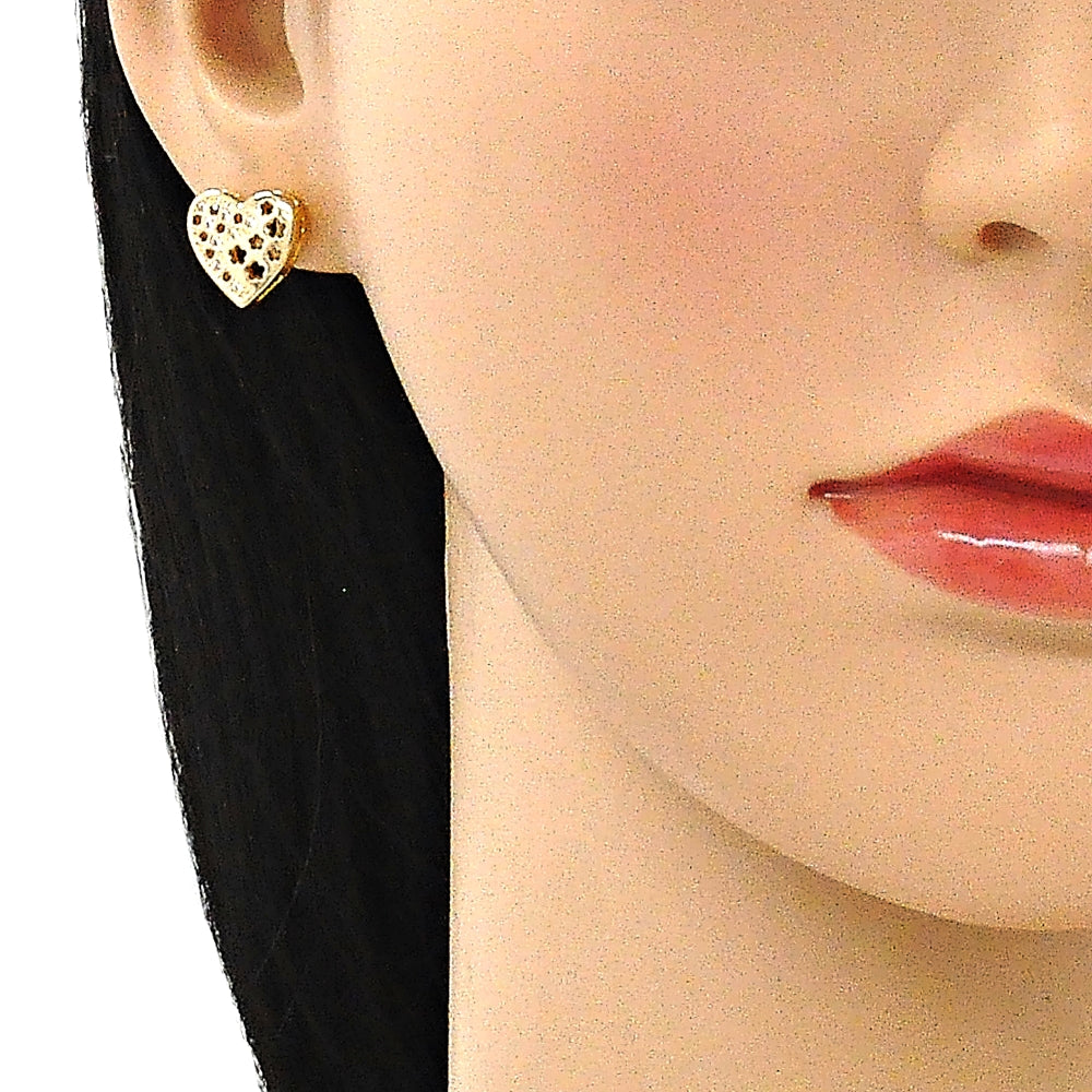 Oro Laminado Earring and Pendant Adult Set, Gold Filled Style Heart and Flower Design, with Garnet and White Micro Pave, Polished, Golden Finish
