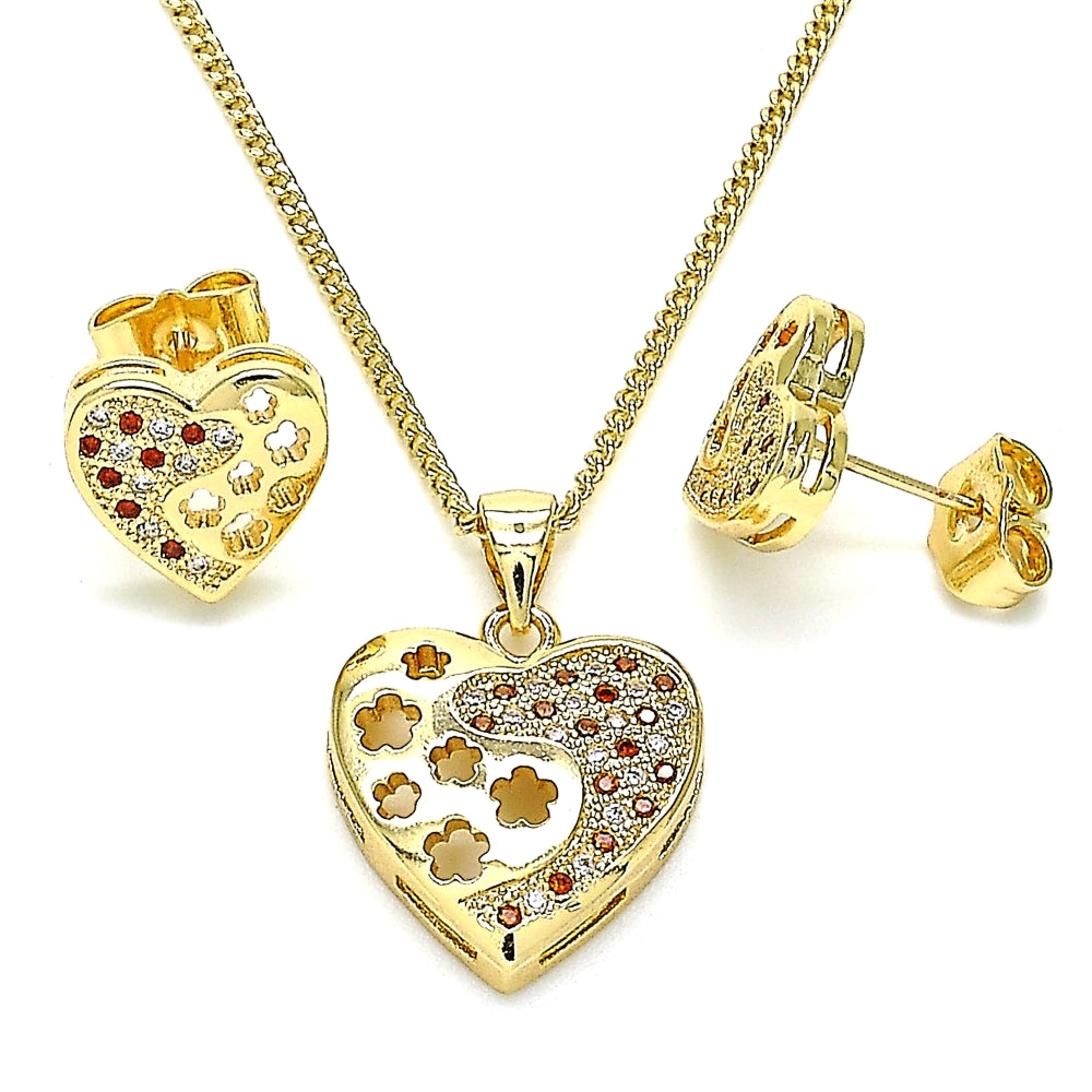 Oro Laminado Earring and Pendant Adult Set, Gold Filled Style Heart and Flower Design, with Garnet and White Micro Pave, Polished, Golden Finish