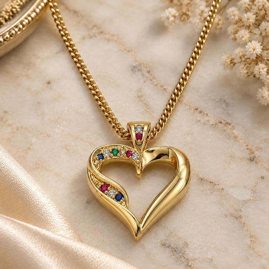 Oro Laminado Pendant Necklace, Gold Filled Style Heart Design, with Multicolor Micro Pave, Polished, Golden Finish
