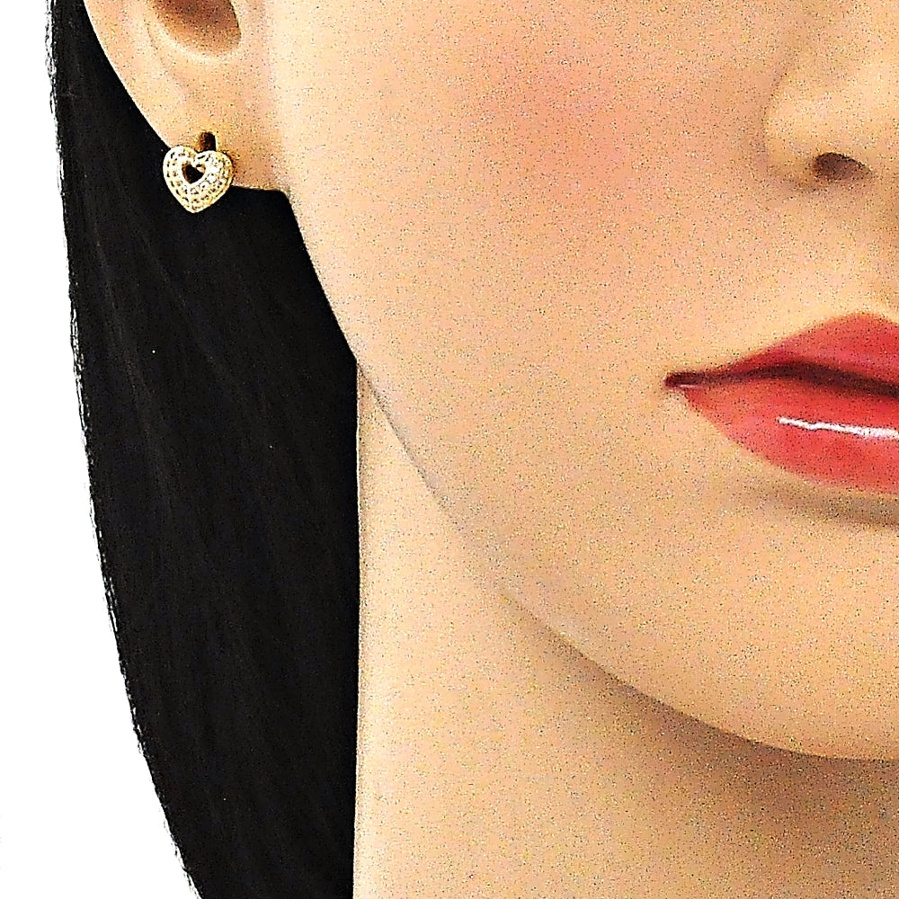 Oro Laminado Stud Earring, Gold Filled Style Heart Design, with White Micro Pave, Polished, Golden Finish