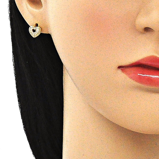 Oro Laminado Stud Earring, Gold Filled Style Heart Design, with White Micro Pave, Polished, Golden Finish