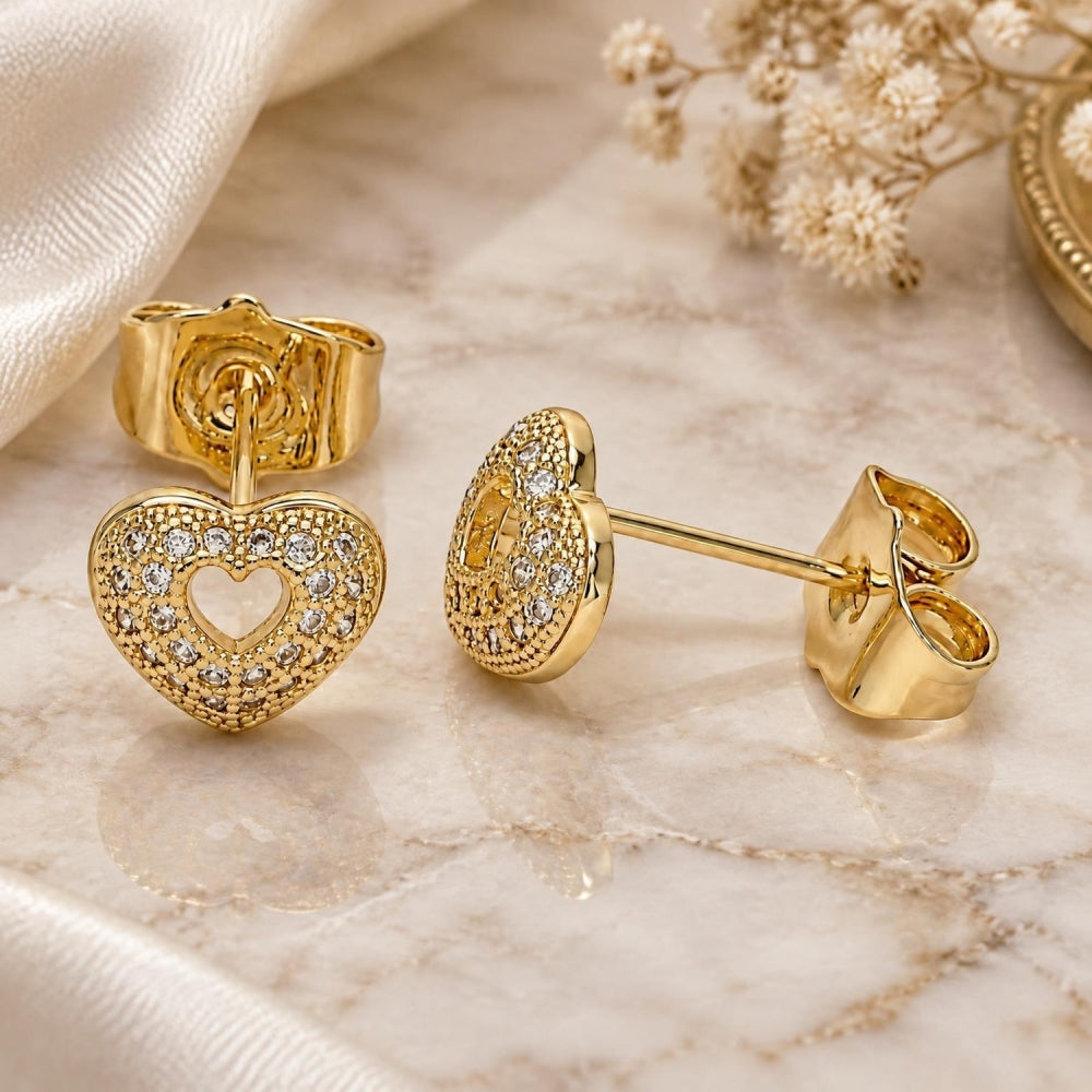Oro Laminado Stud Earring, Gold Filled Style Heart Design, with White Micro Pave, Polished, Golden Finish