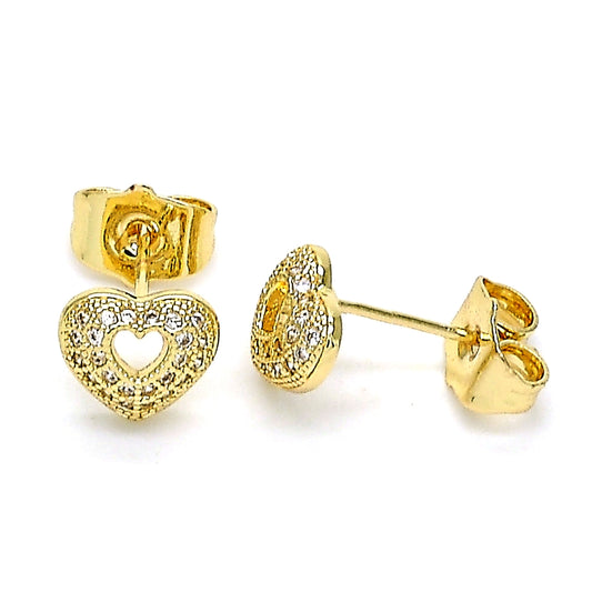 Oro Laminado Stud Earring, Gold Filled Style Heart Design, with White Micro Pave, Polished, Golden Finish