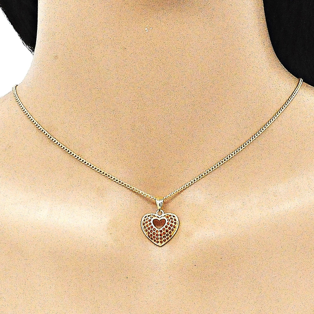 Oro Laminado Pendant Necklace, Gold Filled Style Heart Design, with Garnet Micro Pave, Polished, Golden Finish