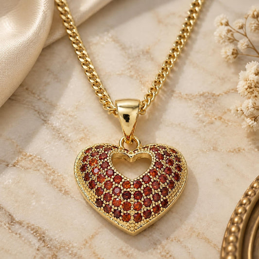 Oro Laminado Pendant Necklace, Gold Filled Style Heart Design, with Garnet Micro Pave, Polished, Golden Finish