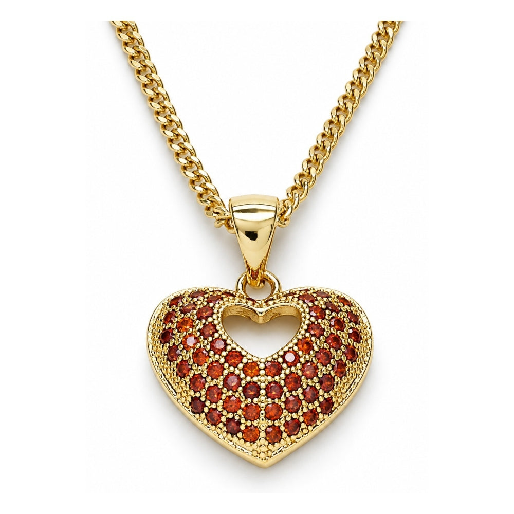 Oro Laminado Pendant Necklace, Gold Filled Style Heart Design, with Garnet Micro Pave, Polished, Golden Finish