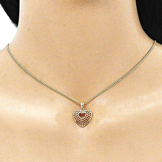 Oro Laminado Earring and Pendant Adult Set, Gold Filled Style Heart Design, with Garnet Micro Pave, Polished, Golden Finish