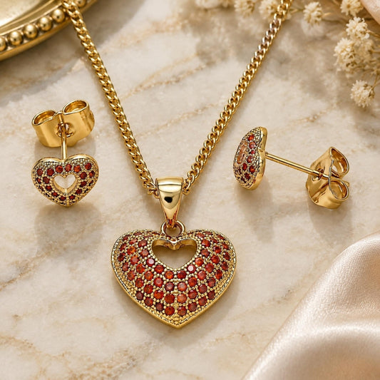 Oro Laminado Earring and Pendant Adult Set, Gold Filled Style Heart Design, with Garnet Micro Pave, Polished, Golden Finish