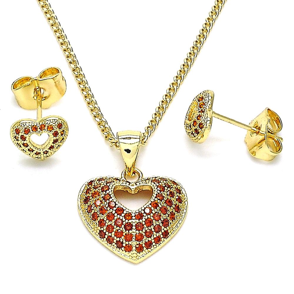 Oro Laminado Earring and Pendant Adult Set, Gold Filled Style Heart Design, with Garnet Micro Pave, Polished, Golden Finish