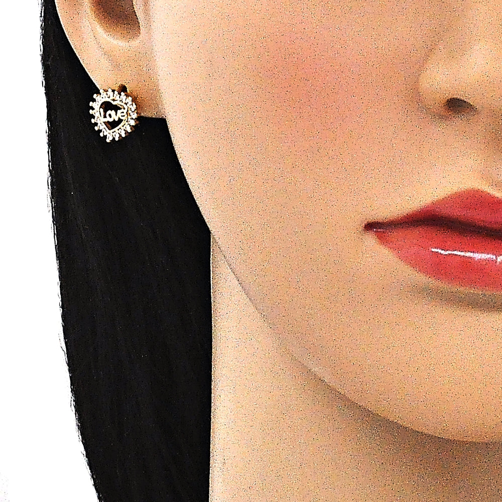 Oro Laminado Stud Earring, Gold Filled Style Heart and Love Design, with White Micro Pave, Polished, Golden Finish