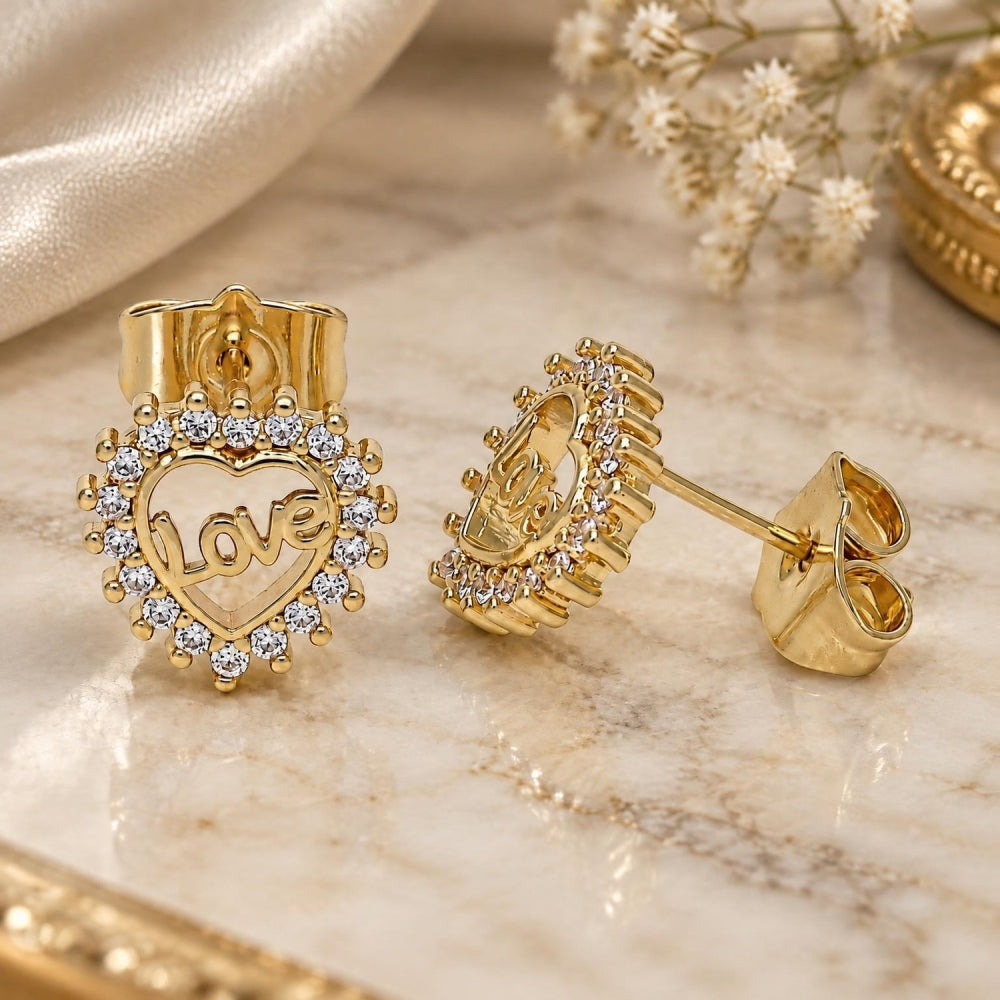 Oro Laminado Stud Earring, Gold Filled Style Heart and Love Design, with White Micro Pave, Polished, Golden Finish
