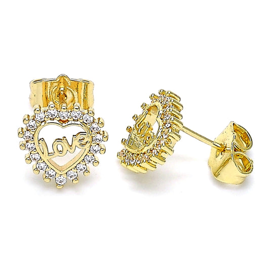 Oro Laminado Stud Earring, Gold Filled Style Heart and Love Design, with White Micro Pave, Polished, Golden Finish