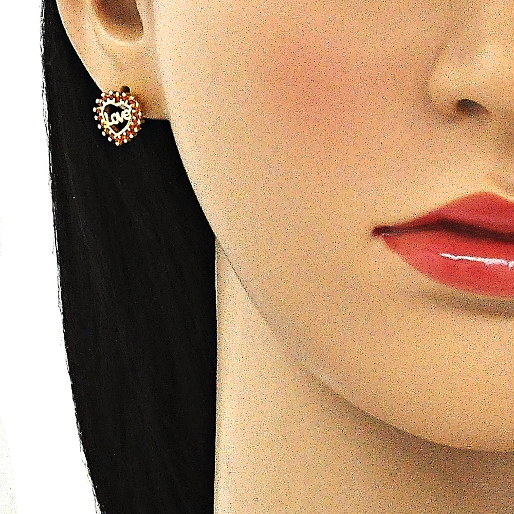 Oro Laminado Stud Earring, Gold Filled Style Heart and Love Design, with Garnet Micro Pave, Polished, Golden Finish