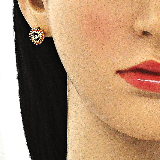 Oro Laminado Stud Earring, Gold Filled Style Heart and Love Design, with Garnet Micro Pave, Polished, Golden Finish