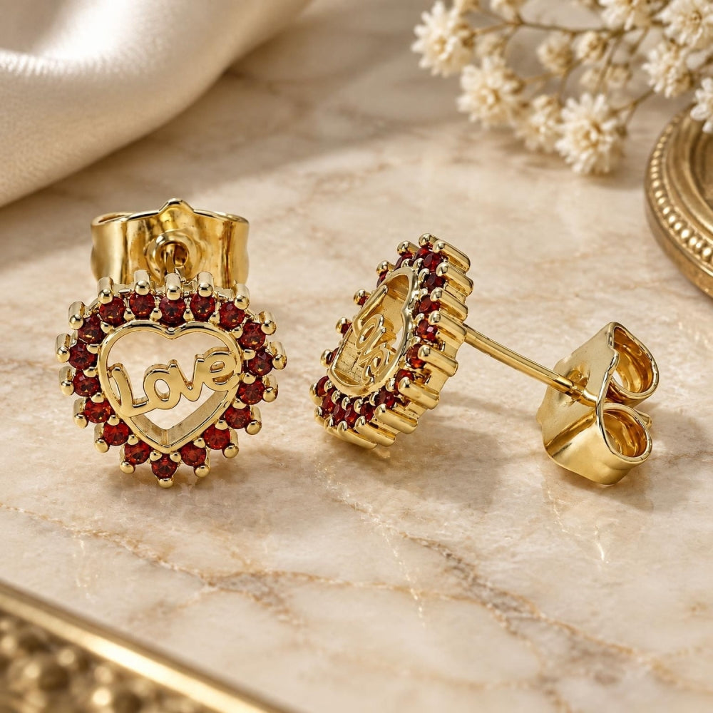 Oro Laminado Stud Earring, Gold Filled Style Heart and Love Design, with Garnet Micro Pave, Polished, Golden Finish