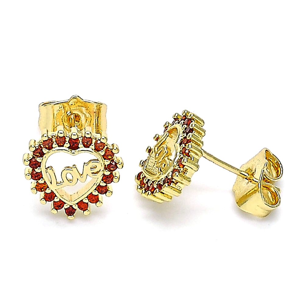 Oro Laminado Stud Earring, Gold Filled Style Heart and Love Design, with Garnet Micro Pave, Polished, Golden Finish