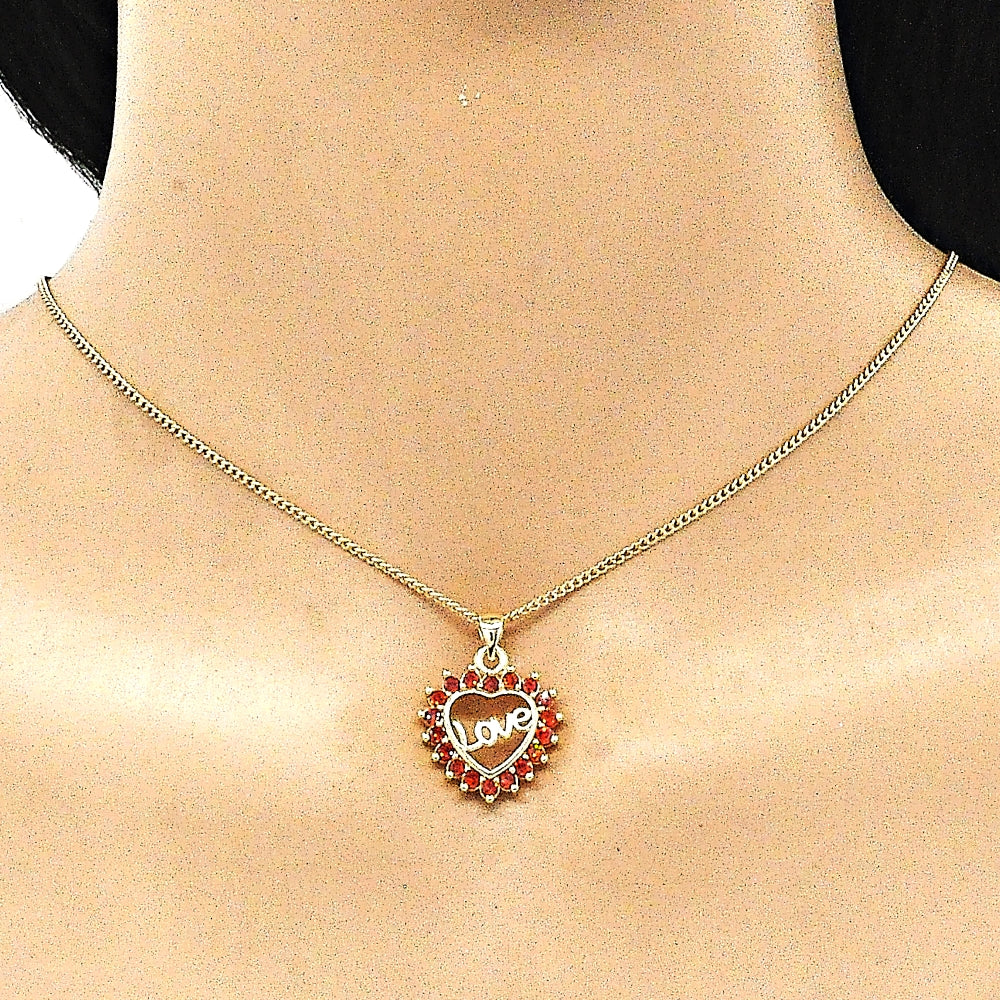 Oro Laminado Pendant Necklace, Gold Filled Style Heart and Love Design, with Garnet Micro Pave, Polished, Golden Finish
