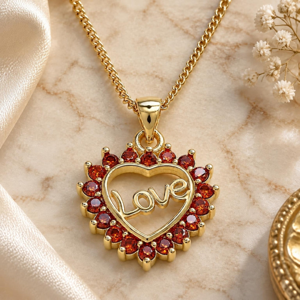 Oro Laminado Pendant Necklace, Gold Filled Style Heart and Love Design, with Garnet Micro Pave, Polished, Golden Finish